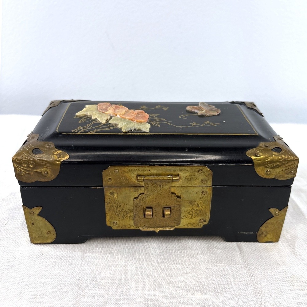 Vintage Chinese Black Lacquer Jewelry Box Soapstone Inlay